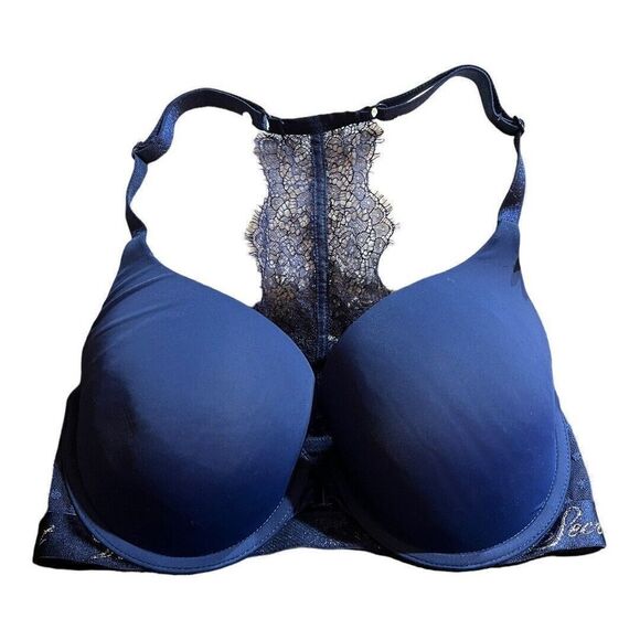 VICTORIA'S SECRET | Perfect Coverage Navy Blue Lace T-Back Front Close Bra 32DD - Picture 1 of 10